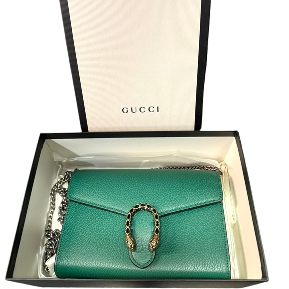 Authentic Gucci Dionysus Mini Chain Emerald Green Leather Wallet clutch  Bag New - Picture 1 of 6